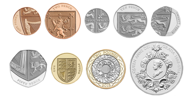 British Pound and Pence coins